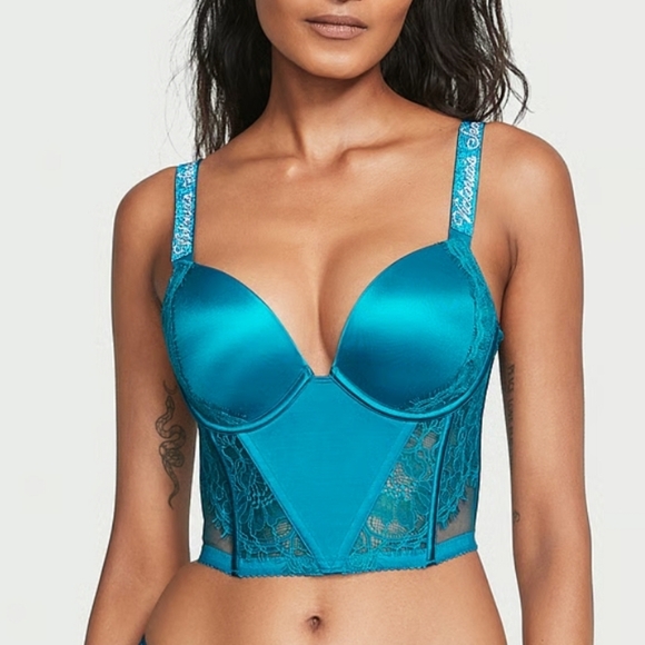 Victoria Secret Teal Lace Corset Bustier Push-Up Bra 38DD Very Sexy Shine Strap - Picture 13 of 14